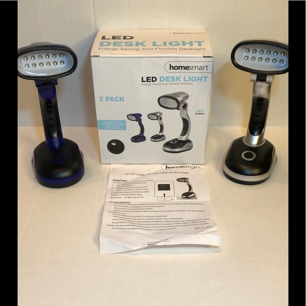 NWT 2-Pack LED DESK LIGHT 135 degrees rotation, 1 Blue and 1 Silver lamp.
